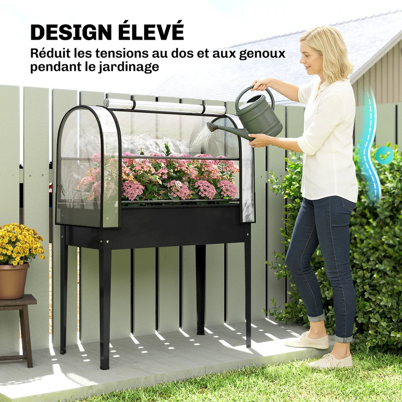Potager surélevé avec serre rabattable 100 x 49 x 136 cm protection antigel drainage intégré design jardin en métal noir 21_0005641