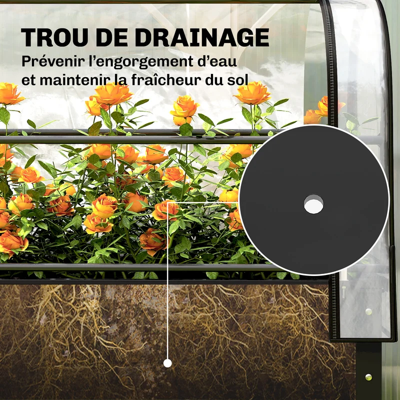 Potager surélevé avec serre rabattable 100 x 49 x 136 cm protection antigel drainage intégré design jardin en métal noir 21_0005641