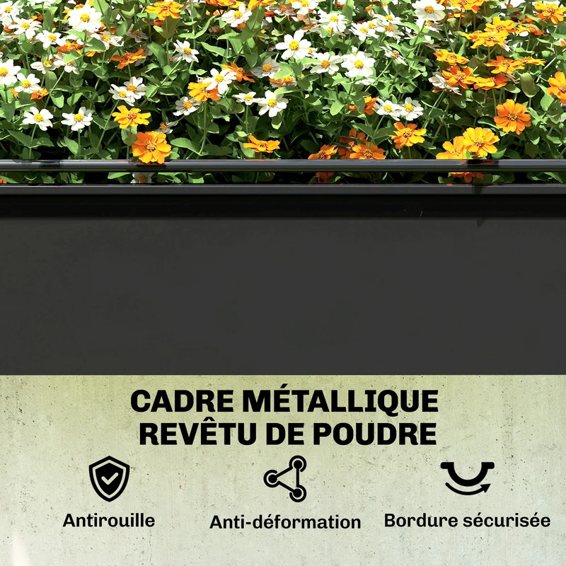 Potager surélevé avec serre rabattable 100 x 49 x 136 cm protection antigel drainage intégré design jardin en métal noir 21_0005641