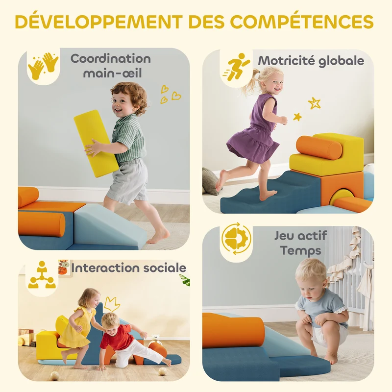 Parcours motricité bébé 9 pièces 140 x 80 x 25 cm sécurité sans angles lavable scandinave ultra doux en velours bleu 21_0000733