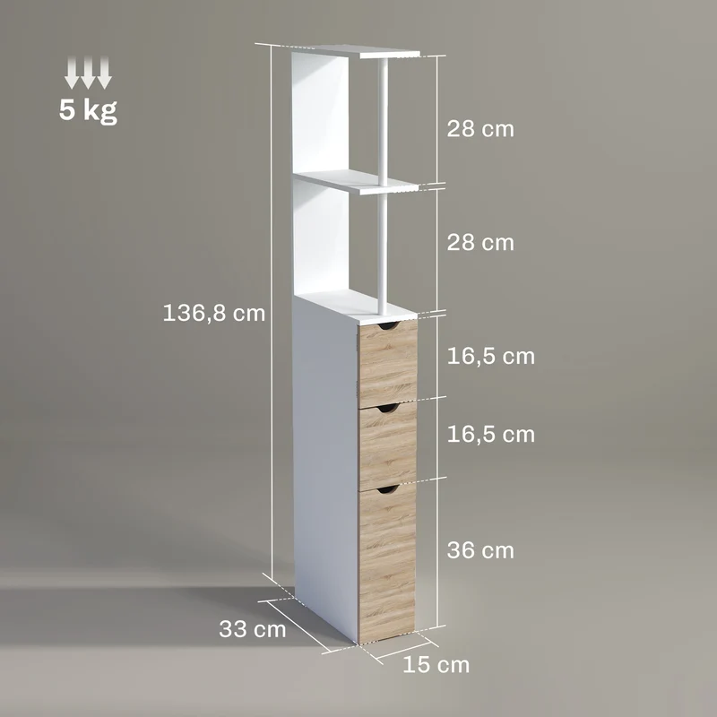 Meuble colonne salle de bain 15 x 33 x 136.8 cm rangement optimisé moderne avec tiroirs et étagères mural en MDF blanc 21_0001848