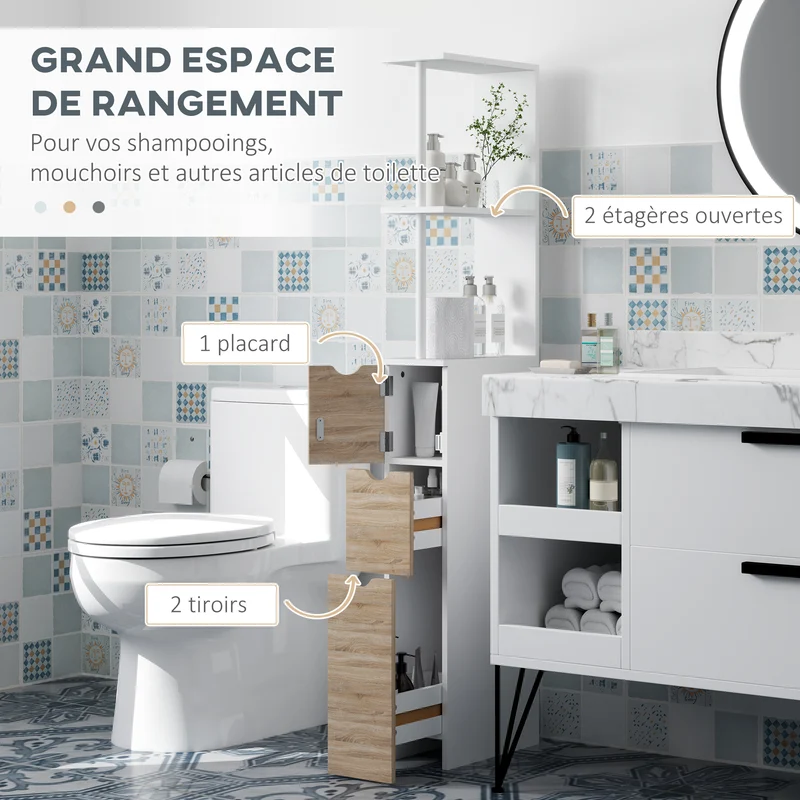 Meuble colonne salle de bain 15 x 33 x 136.8 cm rangement optimisé moderne avec tiroirs et étagères mural en MDF blanc 21_0001848