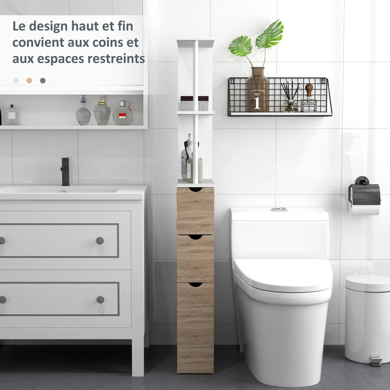 Meuble colonne salle de bain 15 x 33 x 136.8 cm rangement optimisé moderne avec tiroirs et étagères mural en MDF blanc 21_0001848