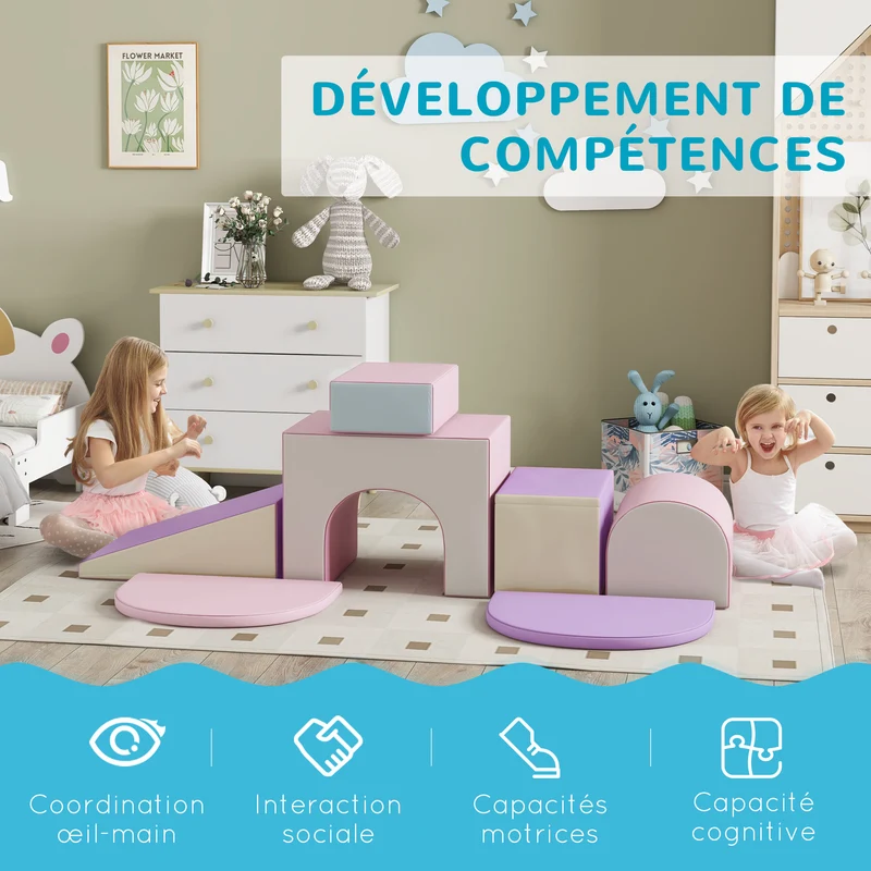 Lot de 7 blocs motricité salle de jeu chambre 170 x 130 x 40 cm stimulation motricité et créativité moderne en epe rose 21_0000724