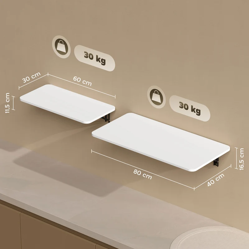Lot de 2 tables pliantes murales rabattables 80 x 40 x 16,5 cm et 60 x 30 x 11,5 cm gain de place moderne en MDF blanc 21_0001076