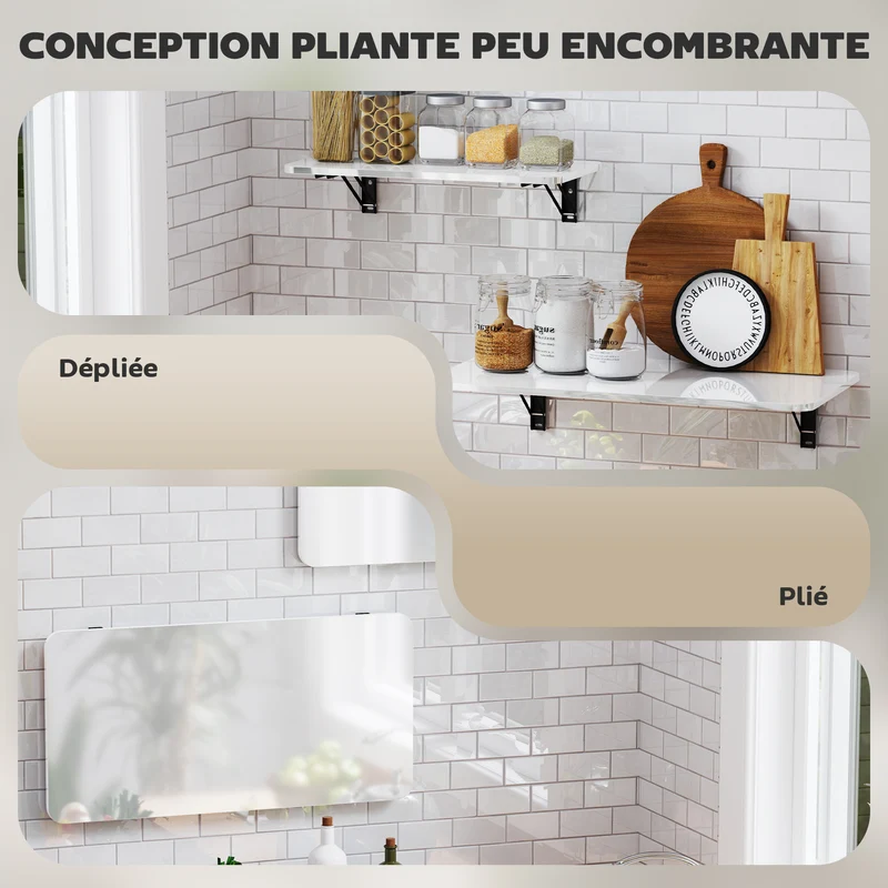 Lot de 2 tables pliantes murales rabattables 80 x 40 x 16,5 cm et 60 x 30 x 11,5 cm gain de place moderne en MDF blanc 21_0001076