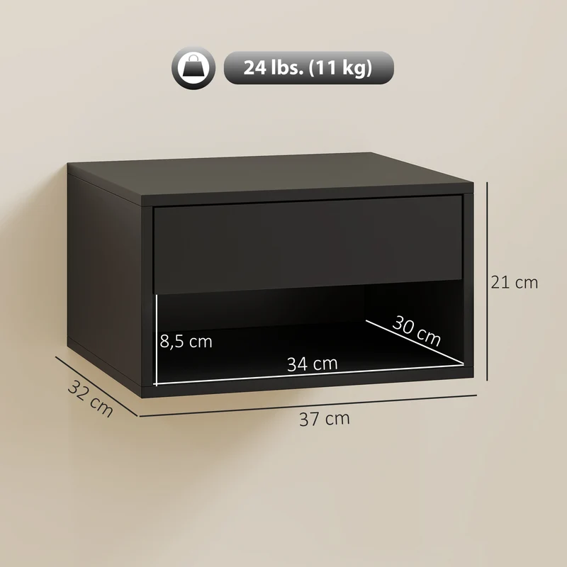 Lot de 2 tables de chevet murales 37 x 32 x 21 cm rangement tiroir montage facile moderne en panneau de particules noir 21_0001551