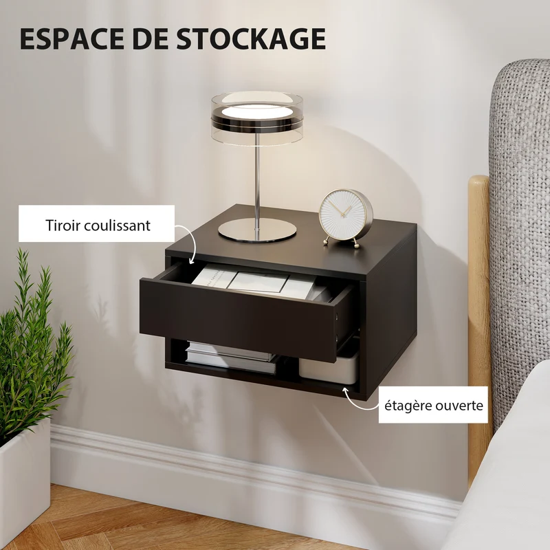 Lot de 2 tables de chevet murales 37 x 32 x 21 cm rangement tiroir montage facile moderne en panneau de particules noir 21_0001551