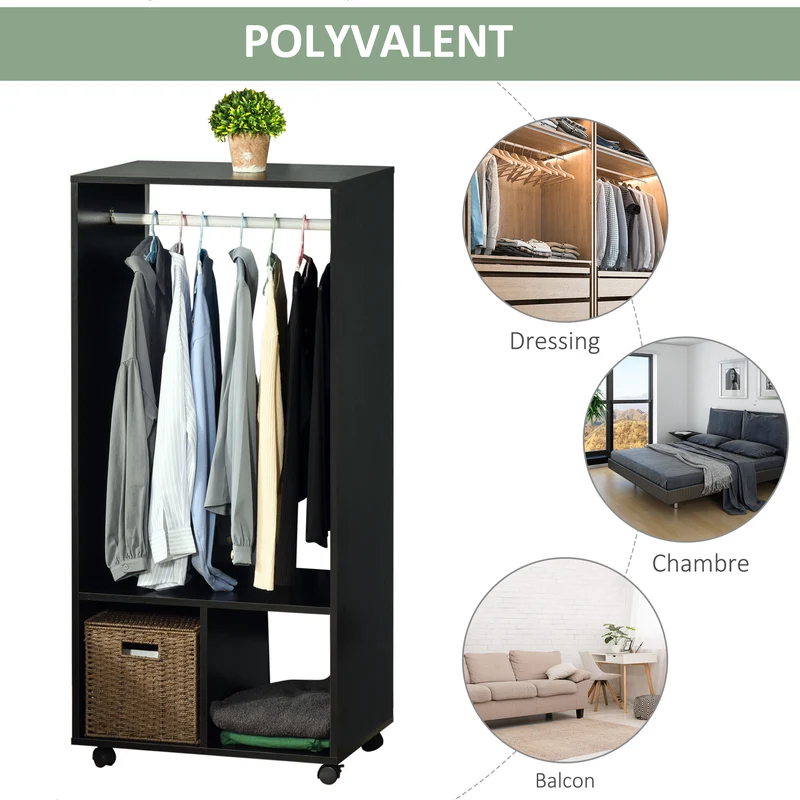 Lot de 2 portants vêtements penderie 60 x 40 x 128 cm grand rangement roulettes freinées moderne épuré en mélaminé noir 21_0001678
