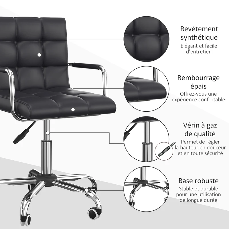 Lot de 2 chaises de bureau pivotantes 52.5 x 54 x 99 cm réglable assise capitonnée contemporain en synthétique noir 21_0006354