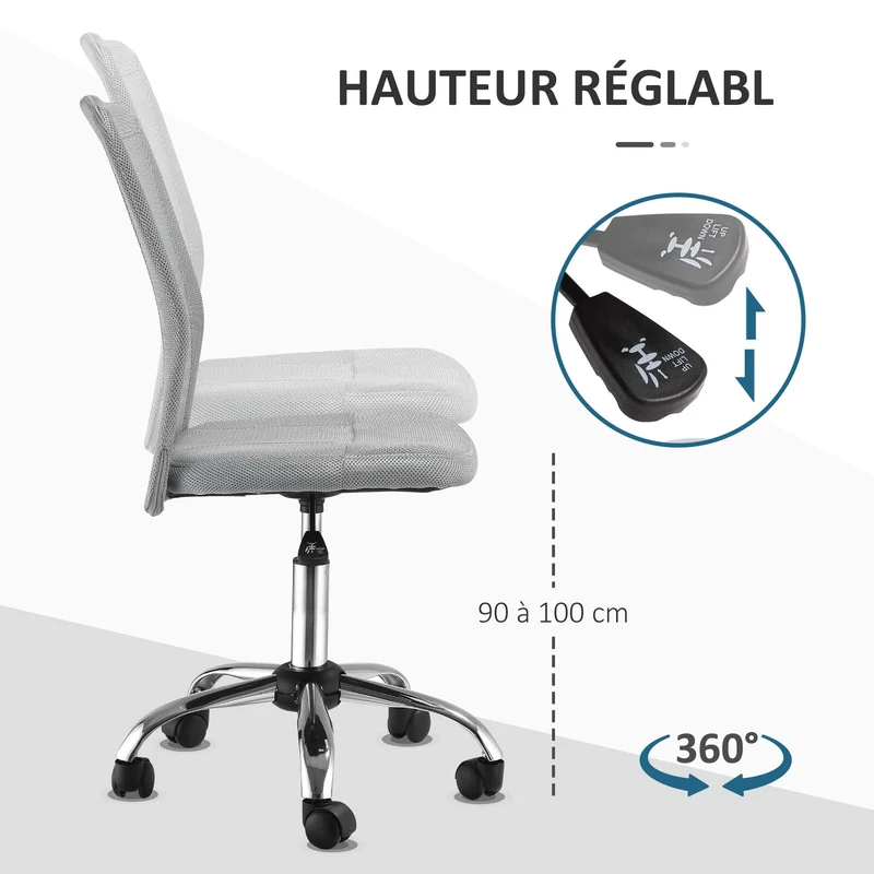 Lot de 2 chaises de bureau ergonomique hauteur réglable 43 x 58 x 100 cm pivotant 360° à roulettes moderne en tissu gris 21_0006350