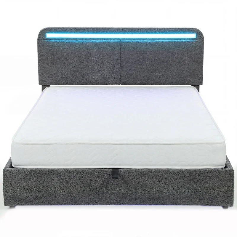 Lit coffre 140 x 190 cm rangement intégré et tête de lit réglable moderne contemporain ambiance cosy en polyester gris 21_0003771