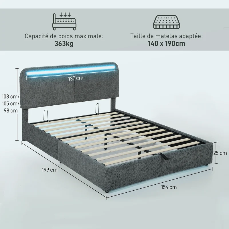 Lit coffre 140 x 190 cm rangement intégré et tête de lit réglable moderne contemporain ambiance cosy en polyester gris 21_0003771