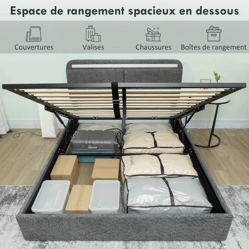 Lit coffre 140 x 190 cm rangement intégré et tête de lit réglable moderne contemporain ambiance cosy en polyester gris 21_0003771