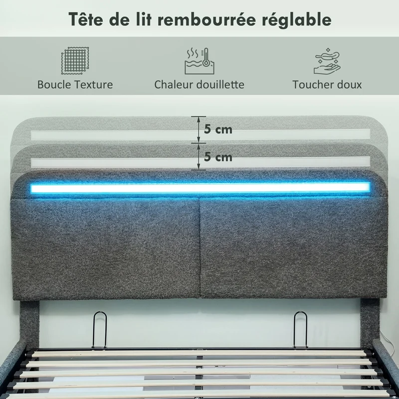 Lit coffre 140 x 190 cm rangement intégré et tête de lit réglable moderne contemporain ambiance cosy en polyester gris 21_0003771