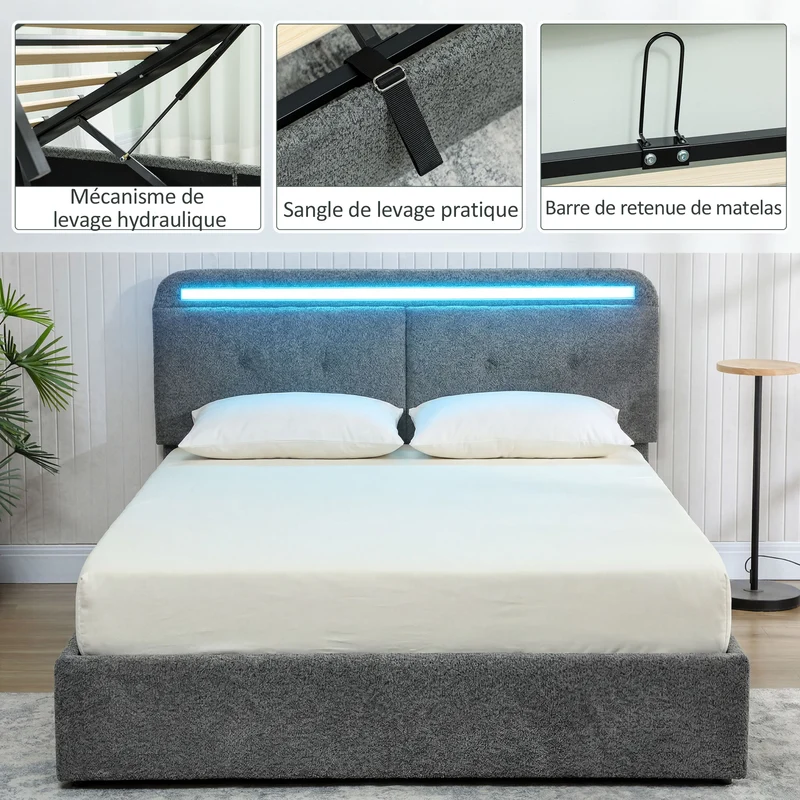 Lit coffre 140 x 190 cm rangement intégré et tête de lit réglable moderne contemporain ambiance cosy en polyester gris 21_0003771