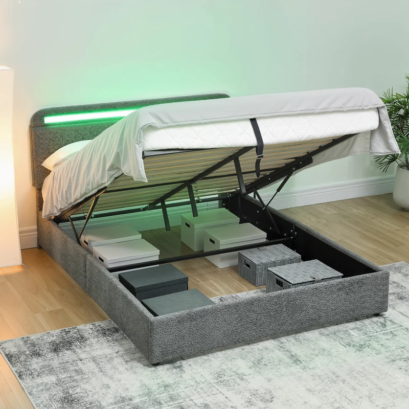Lit coffre 140 x 190 cm rangement intégré et tête de lit réglable moderne contemporain ambiance cosy en polyester gris 21_0003771