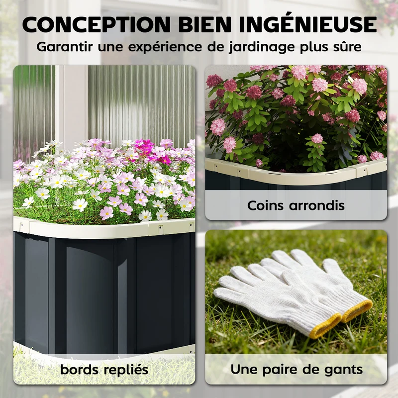 Jardinière surélevée jardin 165 x 52 x 31 cm bords pliés montage sans outil épuré contemporain en acier galvanisé gris 21_0005598