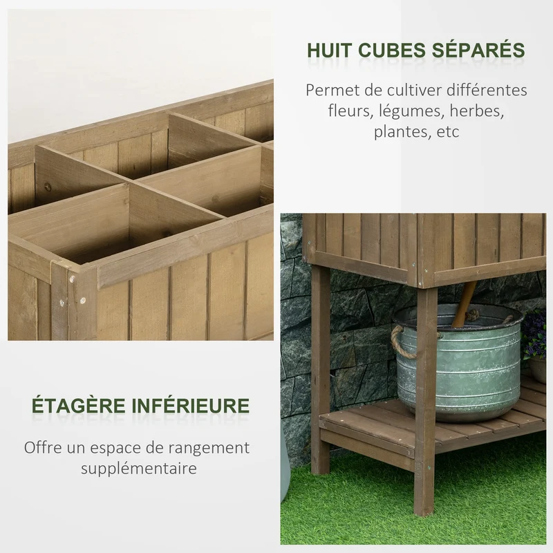 Jardinière sur pieds potager carré 110 x 46 x 76 cm 8 cases avec arrosage étagère rustique pour terrasse en bois marron 21_0004117