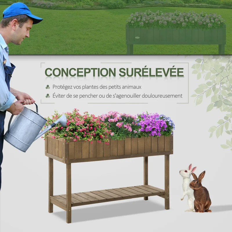 Jardinière sur pieds potager carré 110 x 46 x 76 cm 8 cases avec arrosage étagère rustique pour terrasse en bois marron 21_0004117