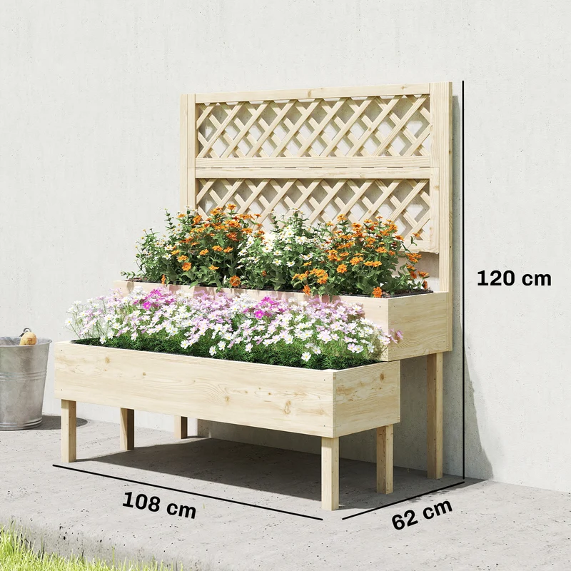 Jardinière deux niveaux avec treillis bac 108 x 62 x 120 cm ergonomique soutien plantes rustique jardin en bois naturel 21_0005614