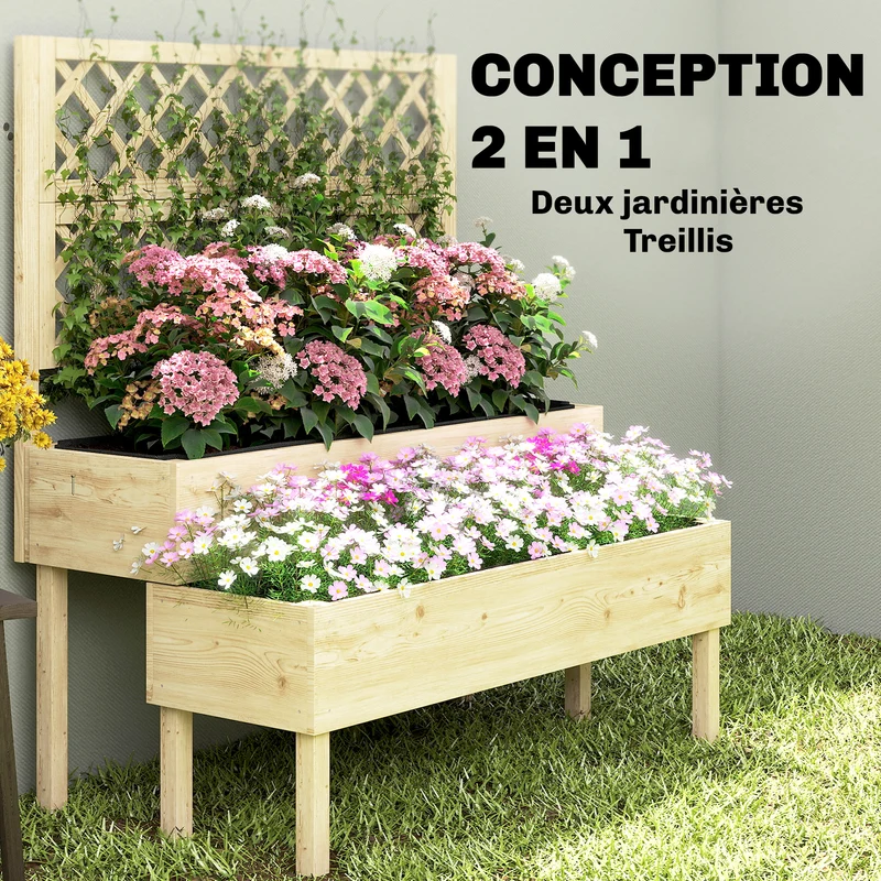Jardinière deux niveaux avec treillis bac 108 x 62 x 120 cm ergonomique soutien plantes rustique jardin en bois naturel 21_0005614