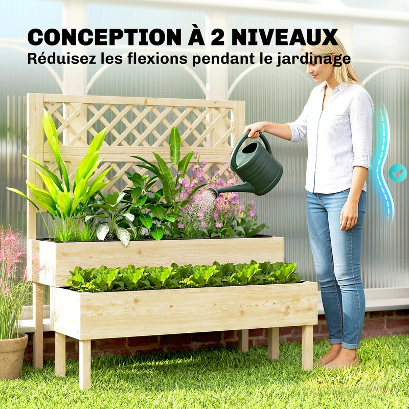 Jardinière deux niveaux avec treillis bac 108 x 62 x 120 cm ergonomique soutien plantes rustique jardin en bois naturel 21_0005614