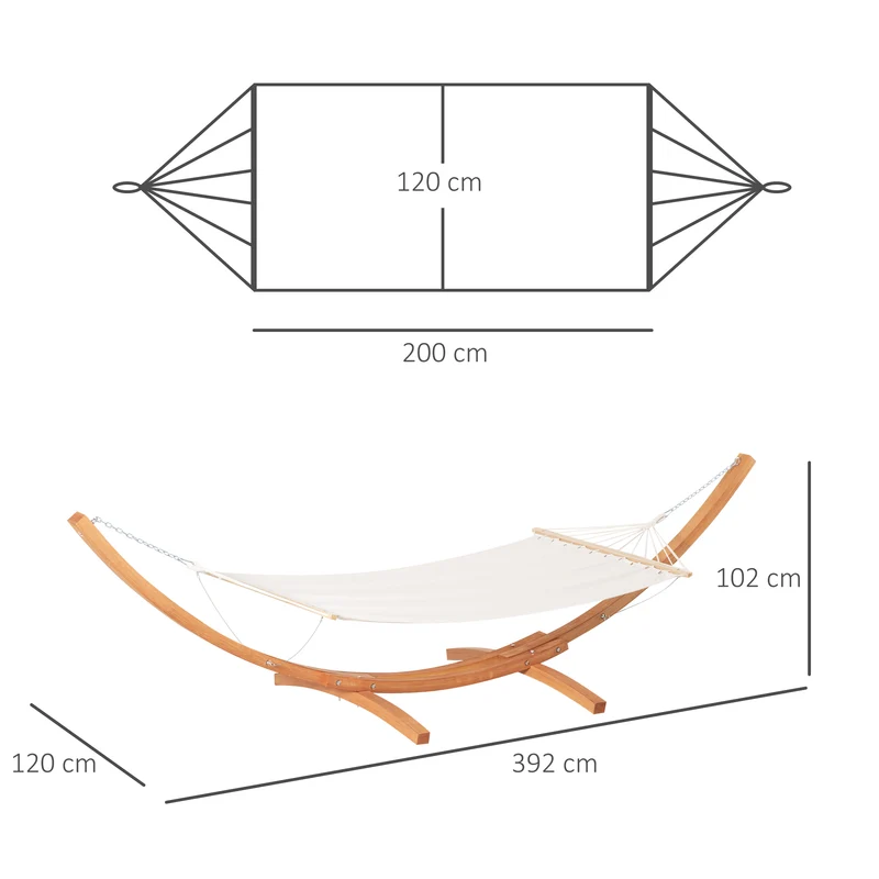 Hamac de jardin sur pied 1 place 3,92 x 1,2 x 1,1 m surface large confortable charge 180 kg style rustique en bois crème 21_0004483