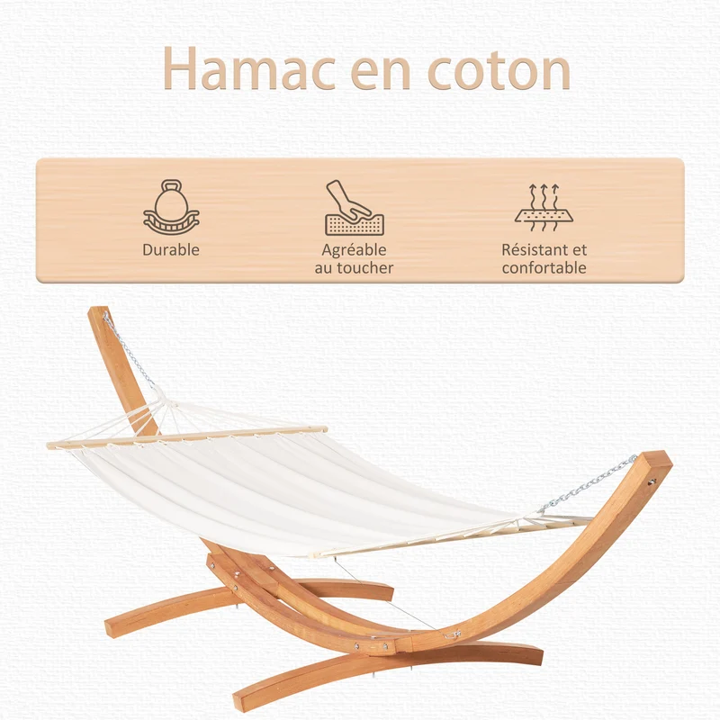 Hamac de jardin sur pied 1 place 3,92 x 1,2 x 1,1 m surface large confortable charge 180 kg style rustique en bois crème 21_0004483