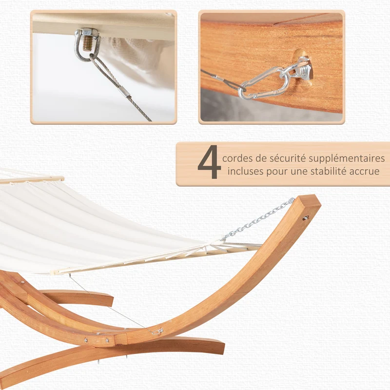 Hamac de jardin sur pied 1 place 3,92 x 1,2 x 1,1 m surface large confortable charge 180 kg style rustique en bois crème 21_0004483