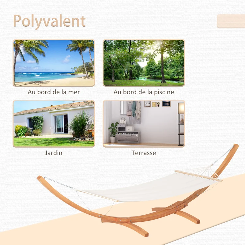 Hamac de jardin sur pied 1 place 3,92 x 1,2 x 1,1 m surface large confortable charge 180 kg style rustique en bois crème 21_0004483