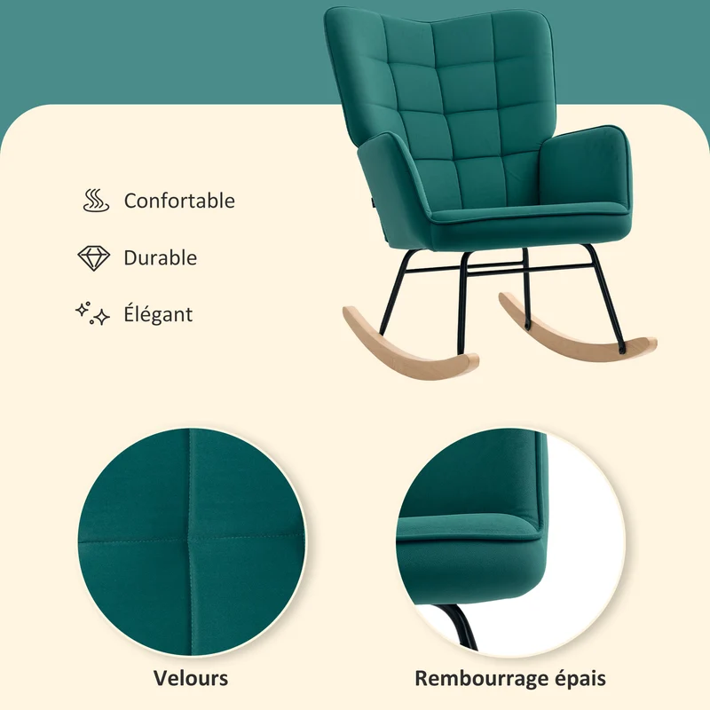 Fauteuil à bascule chambre 71 x 98 x 101 cm confort rembourré grand dossier style scandinave en polyester vert foncé 21_0003104