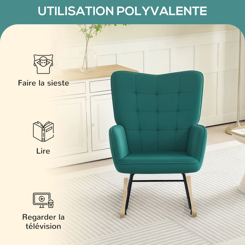 Fauteuil à bascule chambre 71 x 98 x 101 cm confort rembourré grand dossier style scandinave en polyester vert foncé 21_0003104