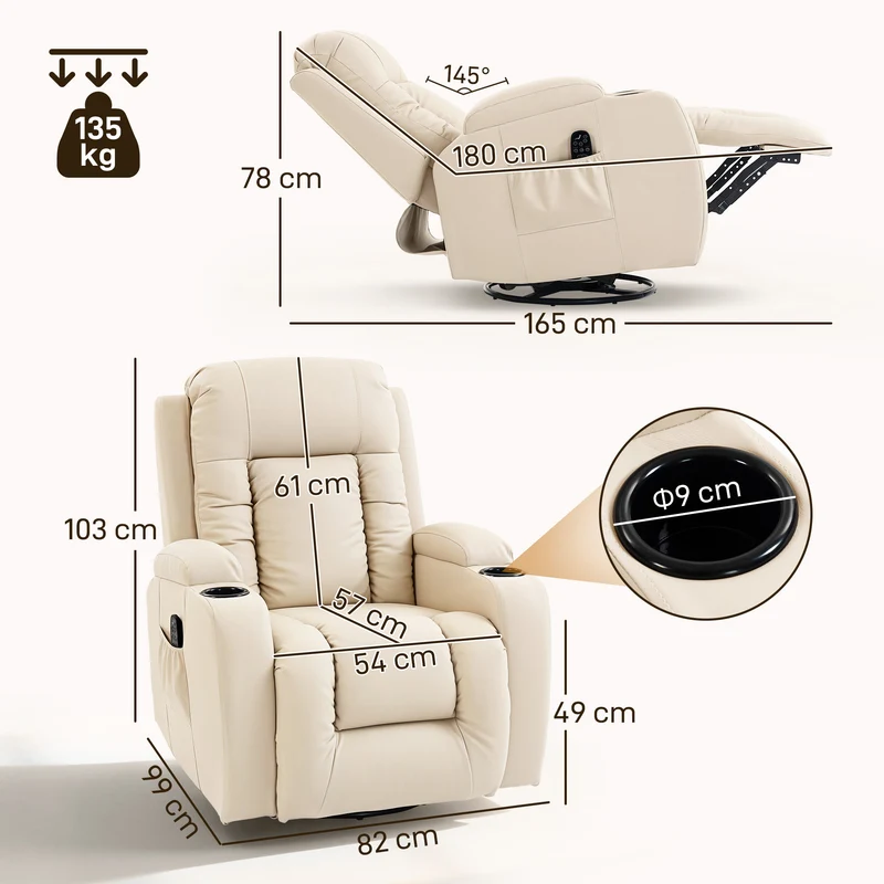 Fauteuil relaxation inclinable pivotant massage chauffant repose-pieds 82 x 99 x 103 cm contemporain moderne en PU crème 21_0000808