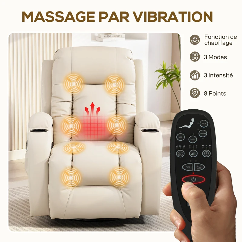 Fauteuil relaxation inclinable pivotant massage chauffant repose-pieds 82 x 99 x 103 cm contemporain moderne en PU crème 21_0000808