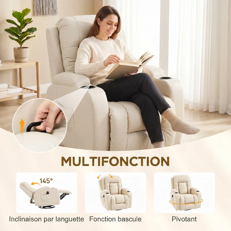 Fauteuil relaxation inclinable pivotant massage chauffant repose-pieds 82 x 99 x 103 cm contemporain moderne en PU crème 21_0000808