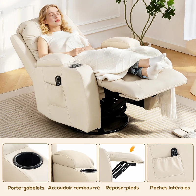 Fauteuil relaxation inclinable pivotant massage chauffant repose-pieds 82 x 99 x 103 cm contemporain moderne en PU crème 21_0000808