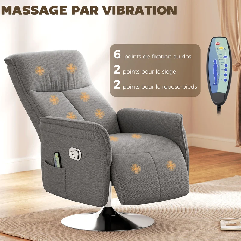 Fauteuil relax massant inclinable pivotant 68,5 x 77 x 117 cm massage 10 points dossier 135° contemporain en tissu gris 21_0000822