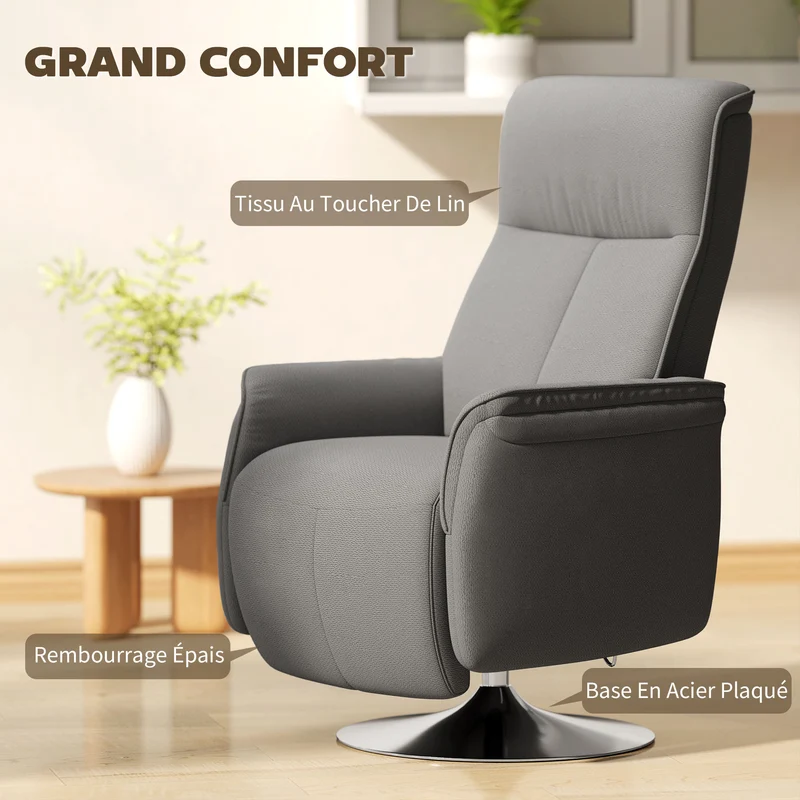 Fauteuil relax massant inclinable pivotant 68,5 x 77 x 117 cm massage 10 points dossier 135° contemporain en tissu gris 21_0000822
