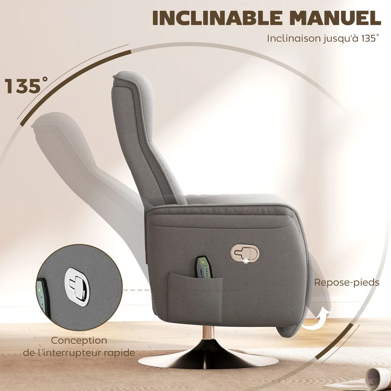 Fauteuil relax massant inclinable pivotant 68,5 x 77 x 117 cm massage 10 points dossier 135° contemporain en tissu gris 21_0000822