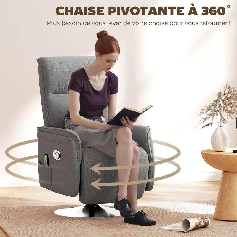 Fauteuil relax massant inclinable pivotant 68,5 x 77 x 117 cm massage 10 points dossier 135° contemporain en tissu gris 21_0000822