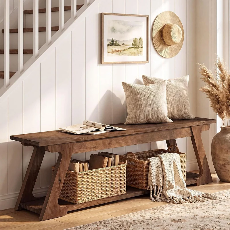 Banc d'entrée en bois massif de 150 cm de long avec compartiment de rangement, Long banc de style campagnard pour l'intérieur