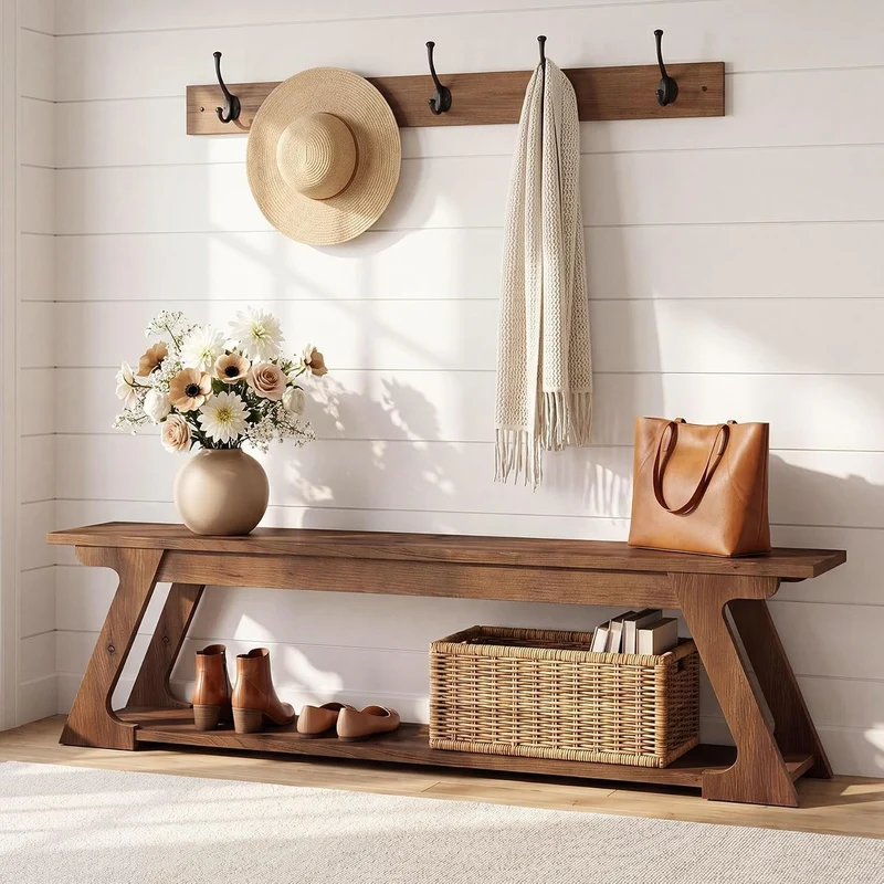 Banc d'entrée en bois massif de 150 cm de long avec compartiment de rangement, Long banc de style campagnard pour l'intérieur