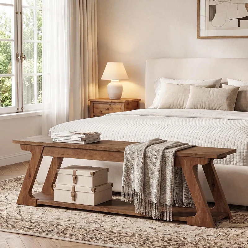 Banc d'entrée en bois massif de 150 cm de long avec compartiment de rangement, Long banc de style campagnard pour l'intérieur