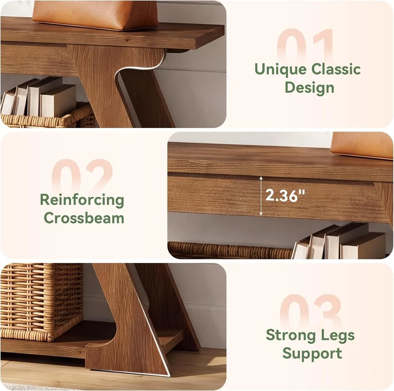 Banc d'entrée en bois massif de 150 cm de long avec compartiment de rangement, Long banc de style campagnard pour l'intérieur