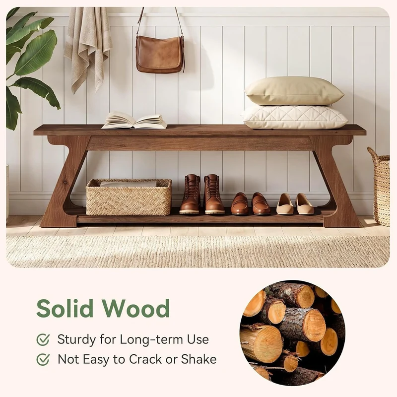 Banc d'entrée en bois massif de 150 cm de long avec compartiment de rangement, Long banc de style campagnard pour l'intérieur