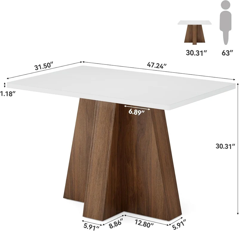 Tribesigns Table à manger de 120 cm pour 4 à 6 personnes, Table de cuisine rectangulaire blanche avec structure en noyer Table à manger moderne en bois
