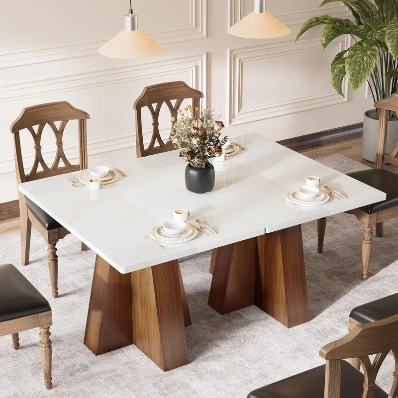 Tribesigns Table à manger de 120 cm pour 4 à 6 personnes, Table de cuisine rectangulaire blanche avec structure en noyer Table à manger moderne en bois