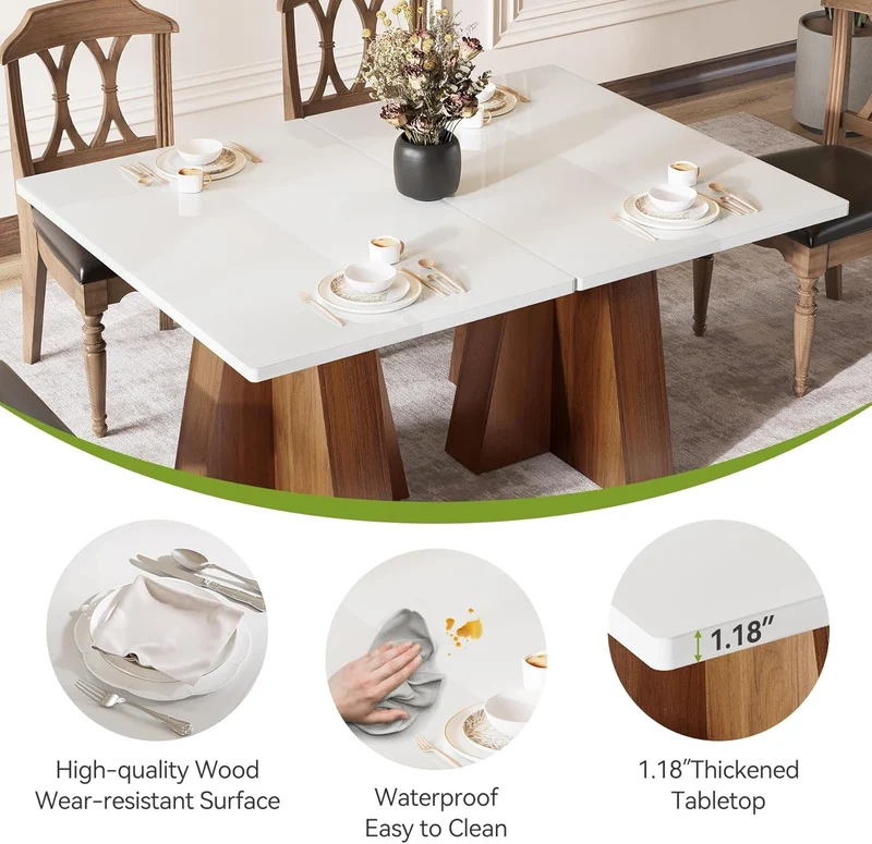 Tribesigns Table à manger de 120 cm pour 4 à 6 personnes, Table de cuisine rectangulaire blanche avec structure en noyer Table à manger moderne en bois