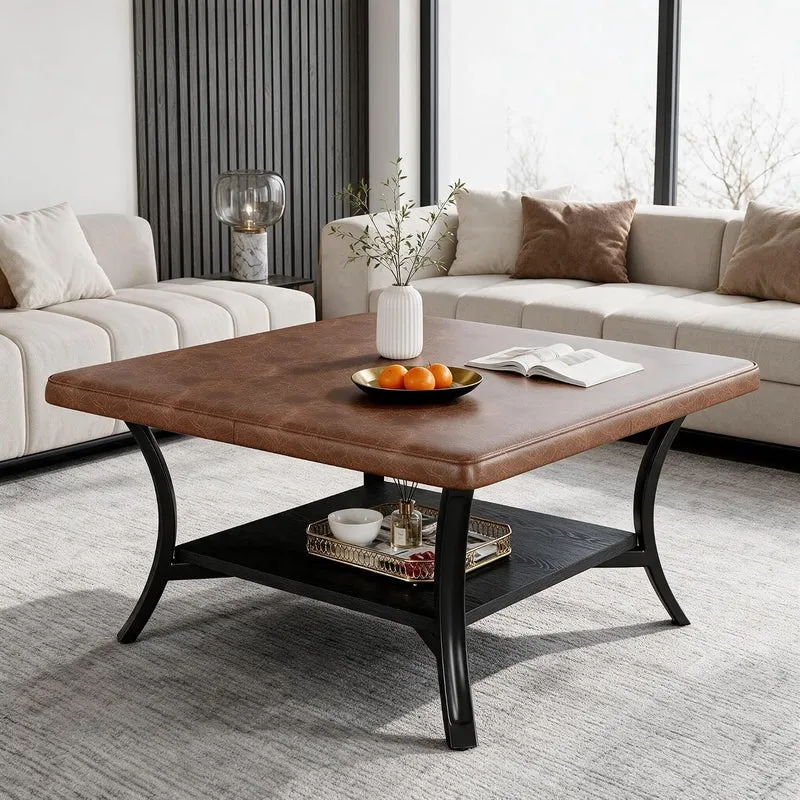 Tribesigns Table basse carrée pour salon, Revêtement en similicuir pouf rembourré avec étagère 80 cm